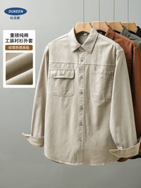 DUKEEN 400G Heavyweight Men's Shirts Pure Cotton Spring and Autumn Casual Pocket Long-Sleeve Workwear Tops Trend Men's Clothing