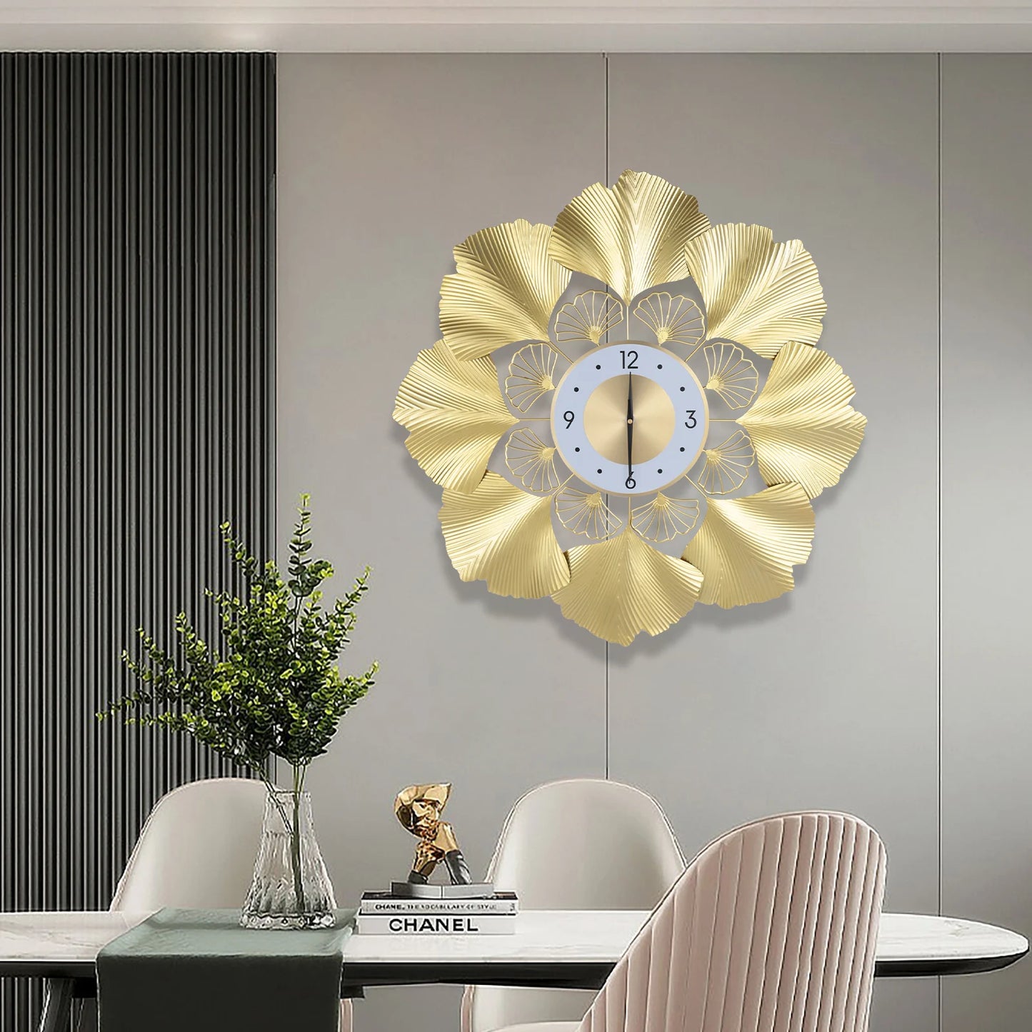 Ginkgo Biloba Wall Clock 3D Creative ginkgo biloba wall clock Gold Dial Design Silent Sweep Seconds Movement Digital Display