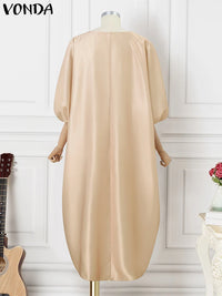 VONDA Bohemian Maxi Long Dress Women Satin Silk Sundress Elegant Summer Half Sleeve V Neck Vestidos Oversized Casual Loose Robe