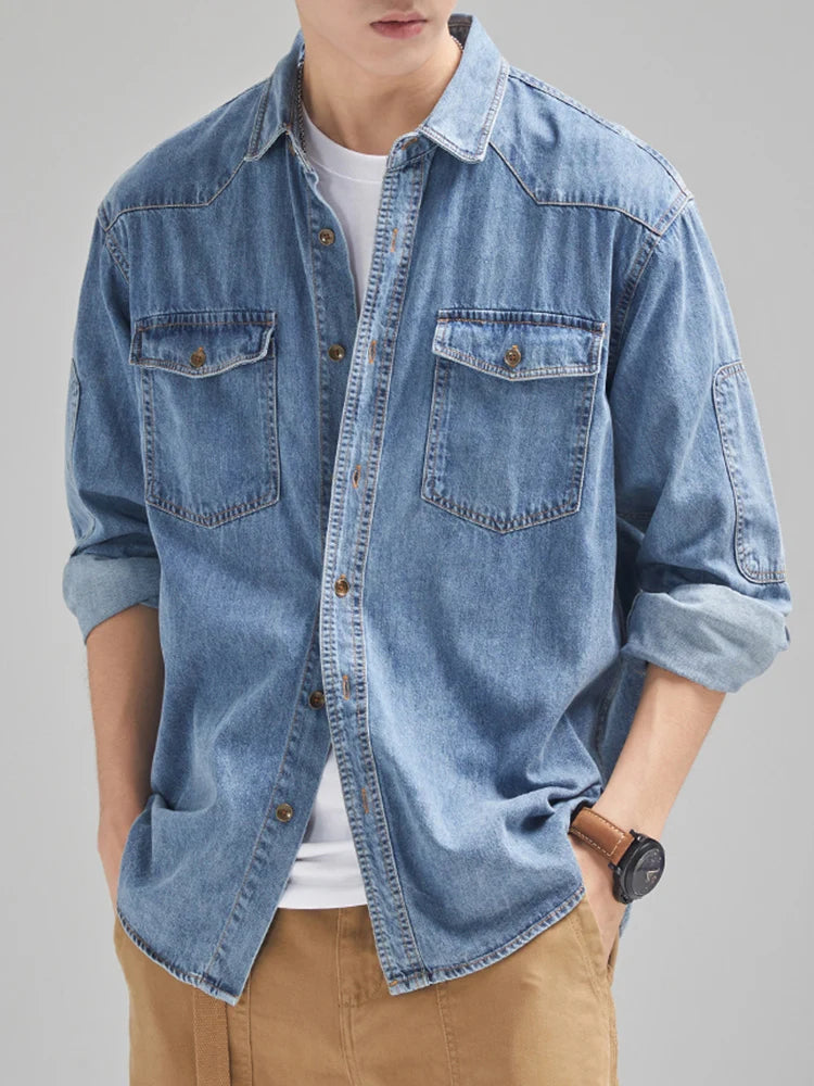 2026 New Denim Cotton Men's Shirt Long Sleeve Black Blue Drop Shoulder Button Pockets Cowboy Loose Casual Work Jeans Shirts