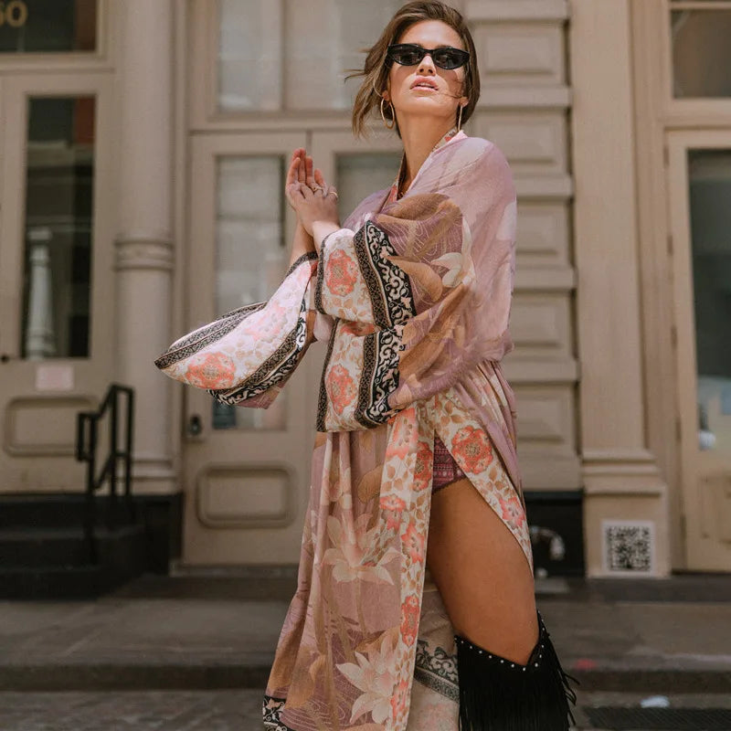Floal Bikini Cover-ups Pink Boho Print Self Belted Front Open Long Kimono Dress Beach Tunic Women Swim Suit Cover Up