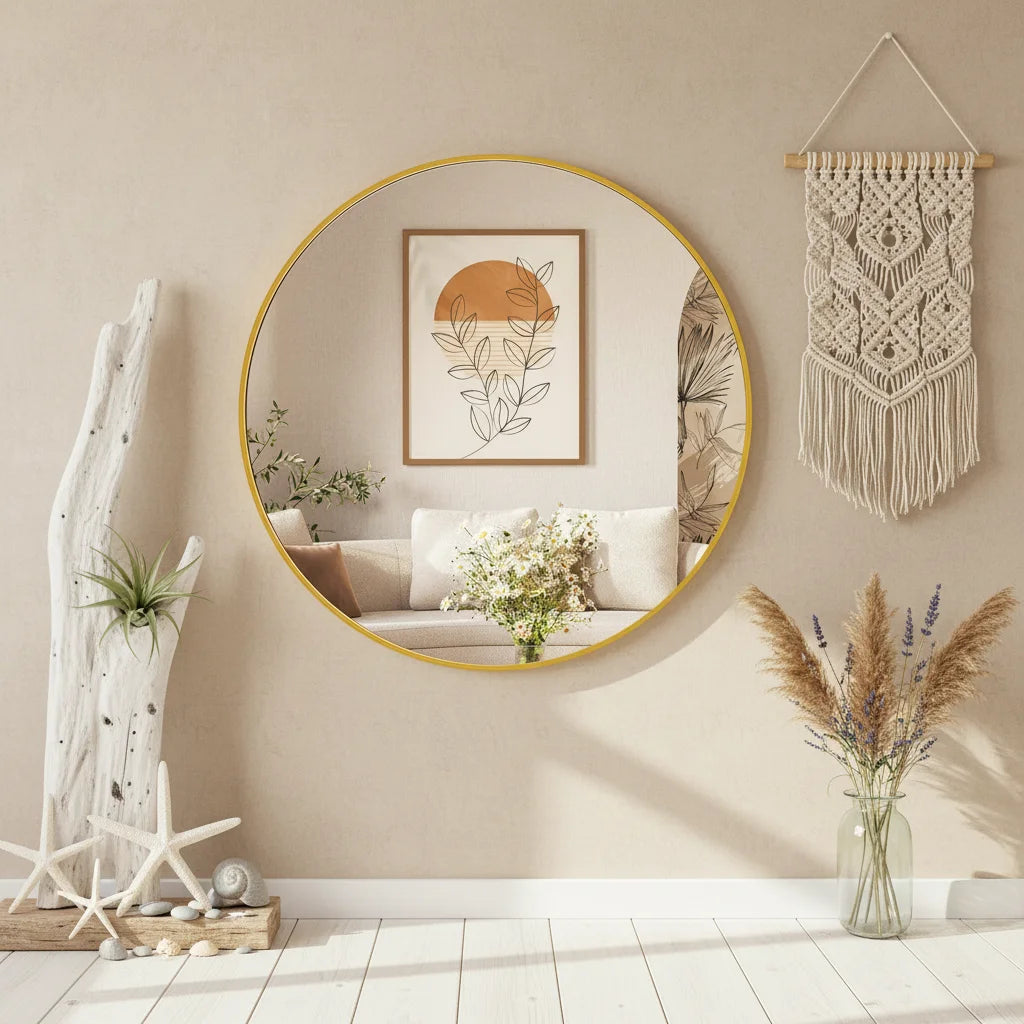 20" Gold Round Wall Mirror, Elegant Bedroom Bathroom Vanity Mirror, 20" Frameless Shatterproof Style