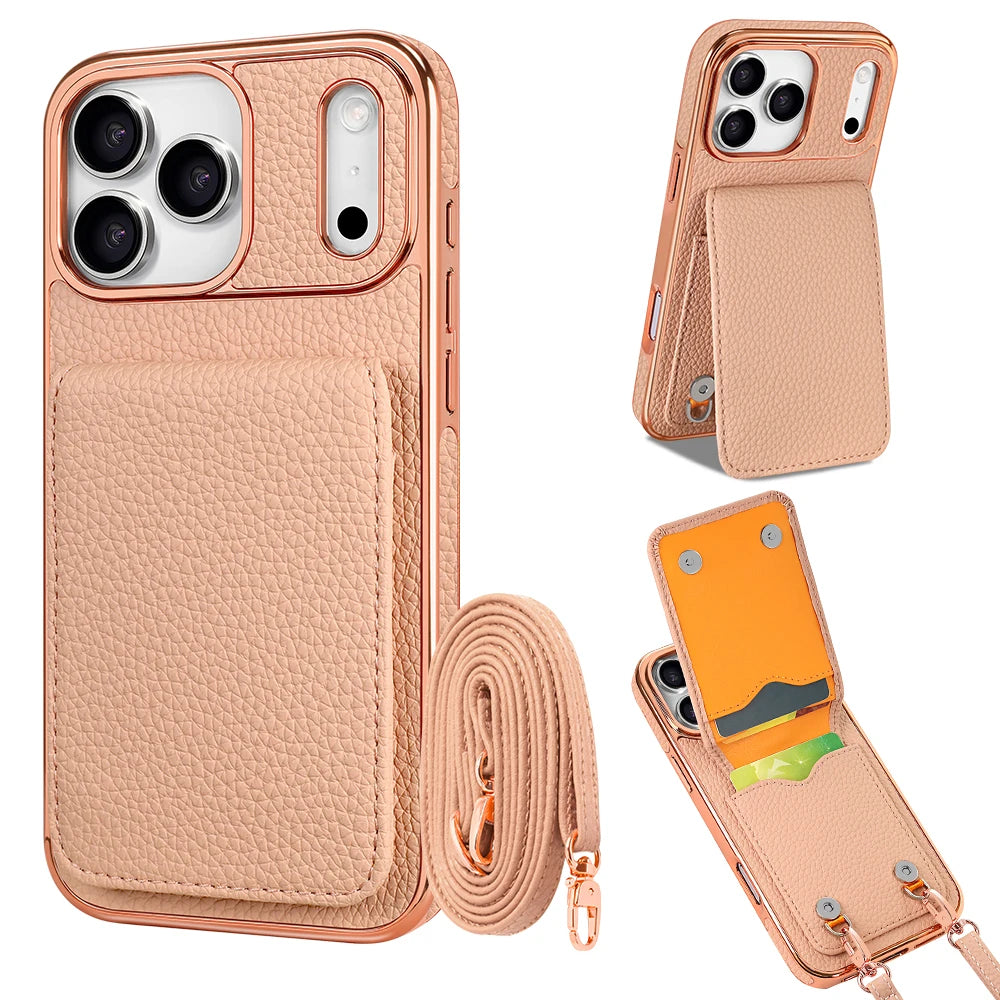 Faux Leather Wallet Phone Case for iPhone - Protective Card Holder Kickstand Crossbody Strap Compatible with iPhone 17/16/15/14
