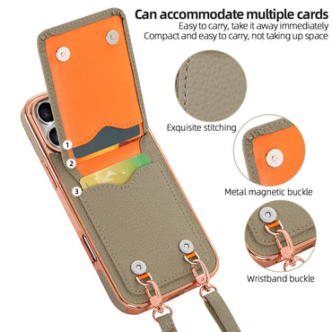 VIETAO Card Holder PU Leather Phone Case With Long Crossbody Strap For iPhone 17/16/15/14/13 Pro Max, Air, Plating Phone Cover