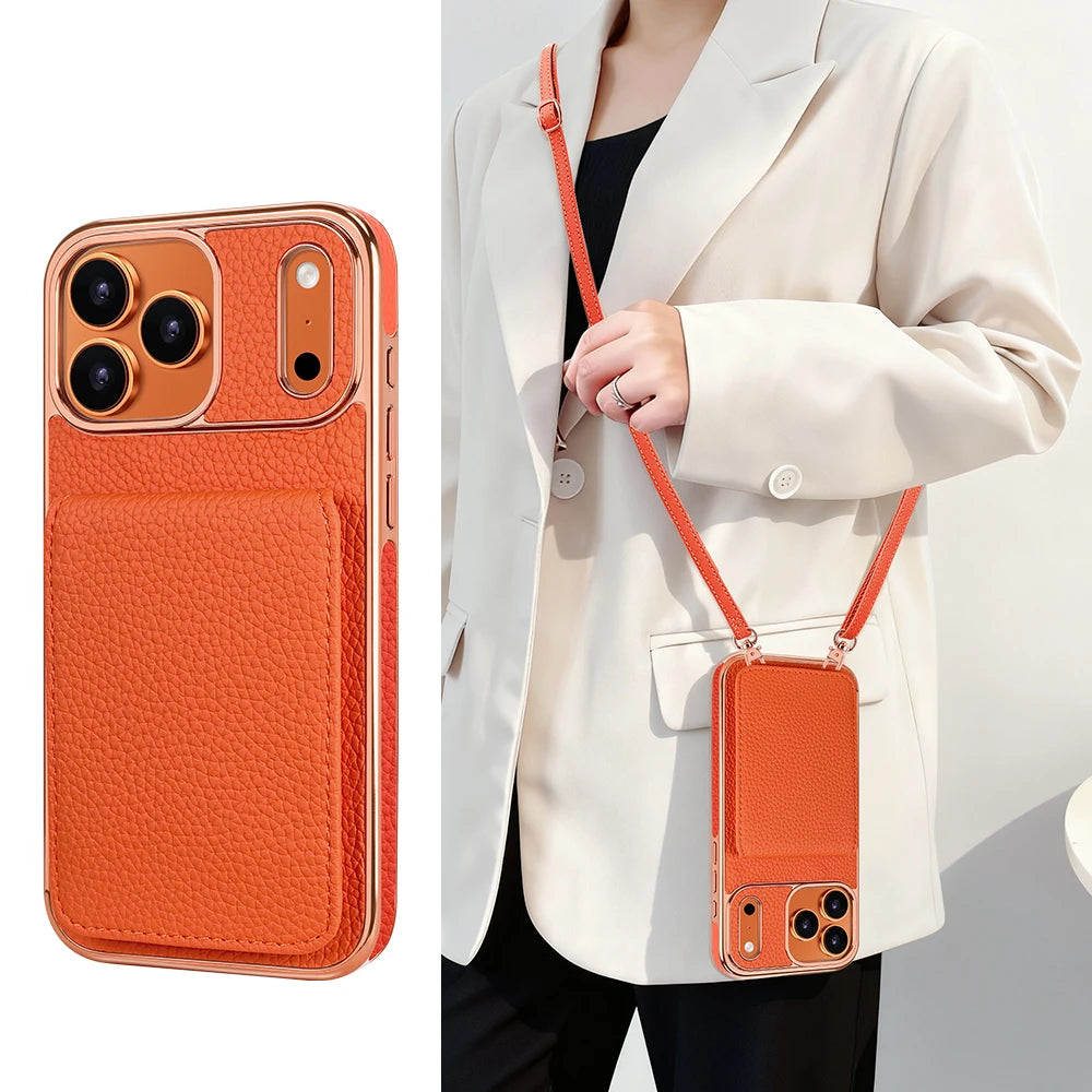 Faux Leather Wallet Phone Case for iPhone - Protective Card Holder Kickstand Crossbody Strap Compatible with iPhone 17/16/15/14