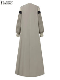 ZANZEA Autumn Women Muslim Dress Turkey Abaya Elegant Long Lantern Sleeve Patchwork Sundress Pleated Vestidos Islamic Dubai Robe