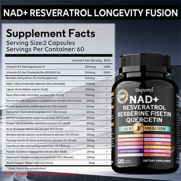 NAD+ Resveratrol Berberine - Promotes Cardiovascular Health,Improve Endurance,Cellular Health,Healthy Aging,Supplement Nutrition