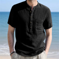 Men s Casual  Fit Short Sleeve Linen Henley Shirt Lightweight Breathable Solid Color Summer Tee Top with Round Neck