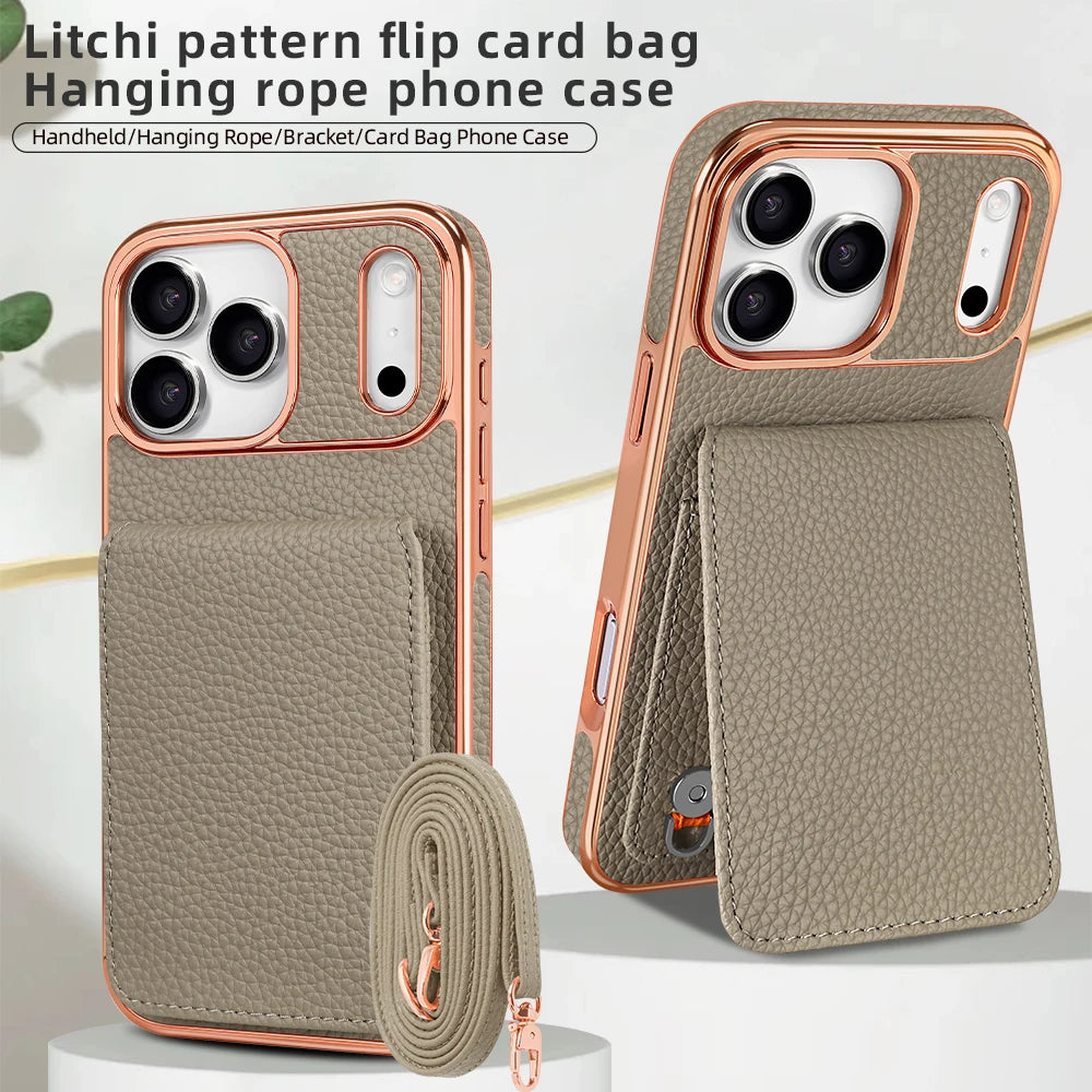VIETAO Card Holder PU Leather Phone Case With Long Crossbody Strap For iPhone 17/16/15/14/13 Pro Max, Air, Plating Phone Cover