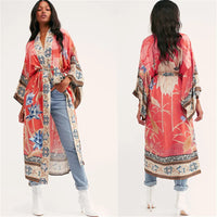 Floal Bikini Cover-ups Pink Boho Print Self Belted Front Open Long Kimono Dress Beach Tunic Women Swim Suit Cover Up