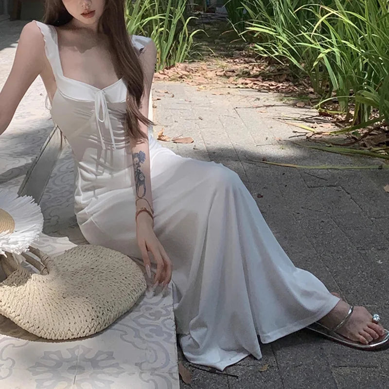 Summer Women Party Backless Bandage Dresses Lady Daily Holiday Leisure Satin Dress Female Gentle Aesthetic Long Bridal Dress