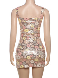 Weird Puss Colorful Flower Print Mini Dress Women Sequins Patchwork Skinny Backless Sleeveless Vacation Trend Elegant Outfits
