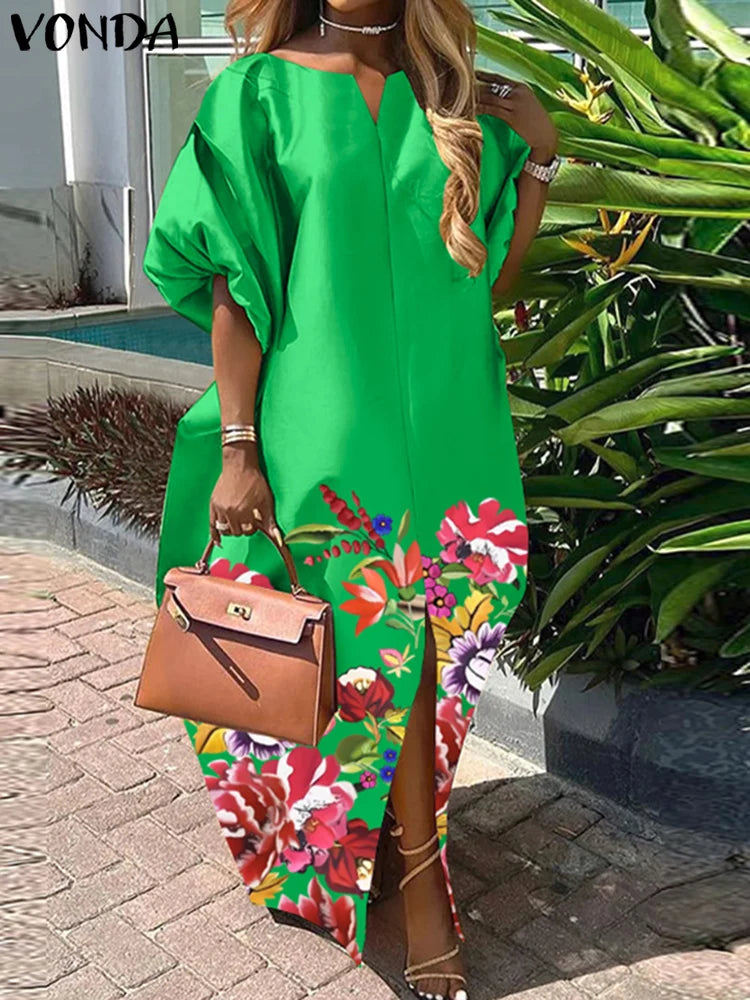 VONDA Bohemian Maxi Long Dress Women Satin Silk Sundress Elegant Summer Half Sleeve V Neck Vestidos Oversized Casual Loose Robe