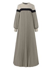 ZANZEA Autumn Women Muslim Dress Turkey Abaya Elegant Long Lantern Sleeve Patchwork Sundress Pleated Vestidos Islamic Dubai Robe