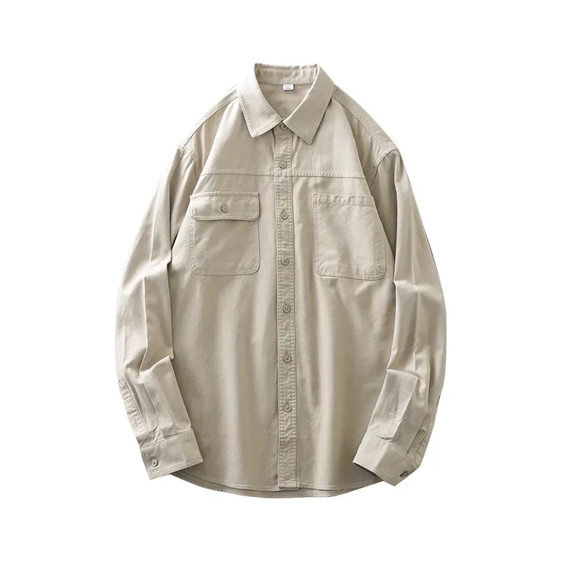 DUKEEN 400G Heavyweight Men's Shirts Pure Cotton Spring and Autumn Casual Pocket Long-Sleeve Workwear Tops Trend Men's Clothing
