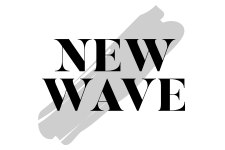 Text 'NEW WAVE' with a stylized wave graphic on a white background
